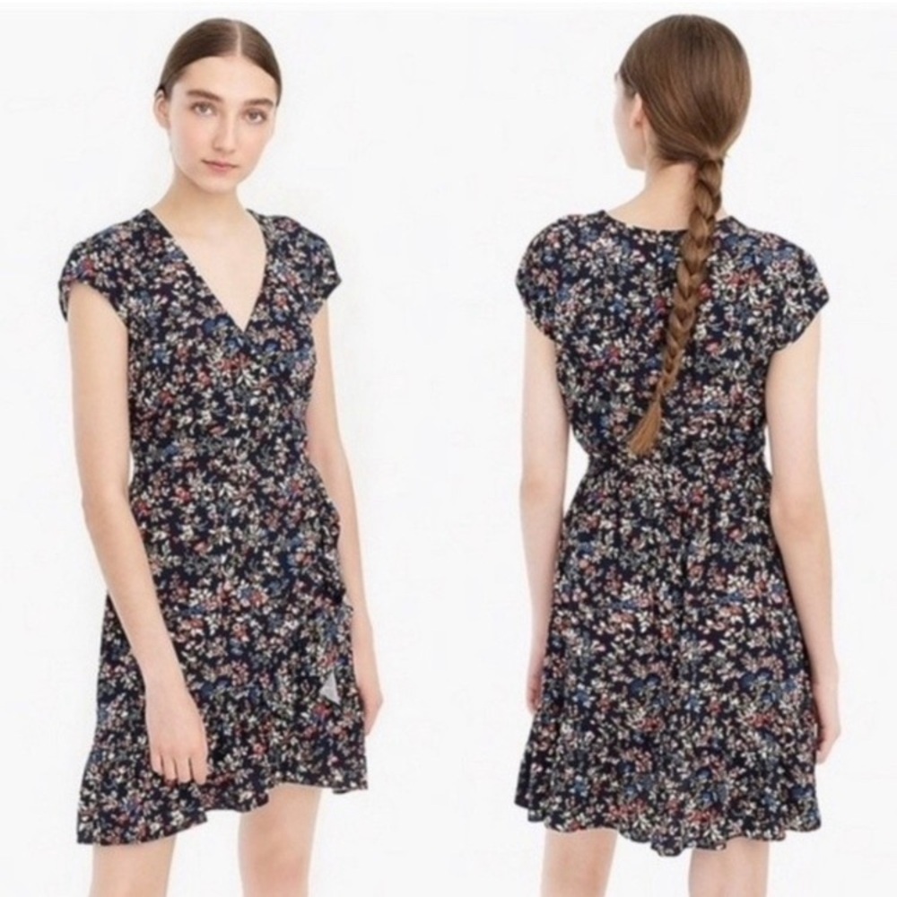 J. Crew 00 Floral Ditzy liberty print Navy blue Faux Wrap Ruffled Hem Sun Dress